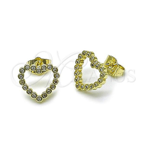 Oro Laminado Stud Earring, Gold Filled Style Heart Design, with White Cubic Zirconia, Polished, Golden Finish, 02.204.0050