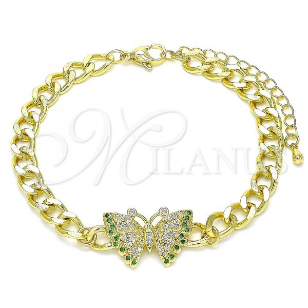 Oro Laminado Fancy Bracelet, Gold Filled Style Butterfly Design, with White Crystal and Green Micro Pave, Polished, Golden Finish, 03.341.0133.07