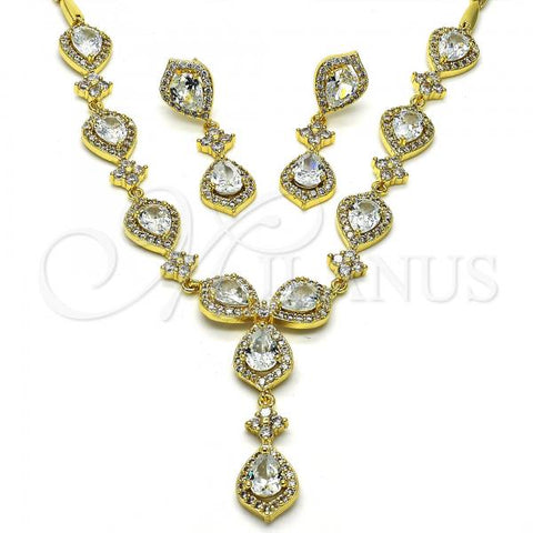 Oro Laminado Necklace and Earring, Gold Filled Style Teardrop Design, with White Cubic Zirconia, Polished, Golden Finish, 06.205.0025