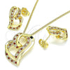 Oro Laminado Earring and Pendant Adult Set, Gold Filled Style Heart Design, with Garnet and White Micro Pave, Polished, Golden Finish, 10.195.0059.1