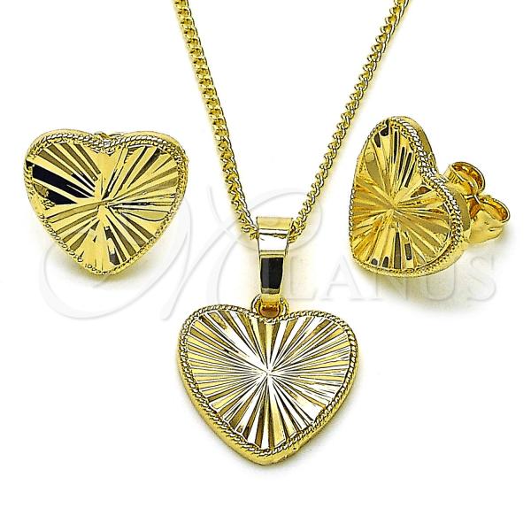Oro Laminado Earring and Pendant Adult Set, Gold Filled Style Heart Design, Diamond Cutting Finish, Golden Finish, 10.413.0002