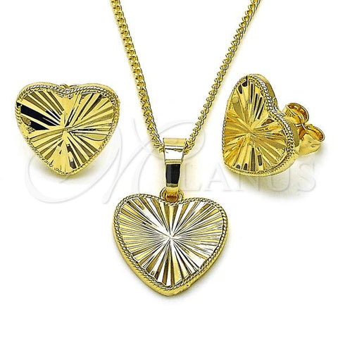 Oro Laminado Earring and Pendant Adult Set, Gold Filled Style Heart Design, Diamond Cutting Finish, Golden Finish, 10.413.0002