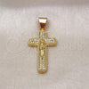 Oro Laminado Religious Pendant, Gold Filled Style Cross and Crucifix Design, with White Micro Pave, Polished, Golden Finish, 05.342.0218