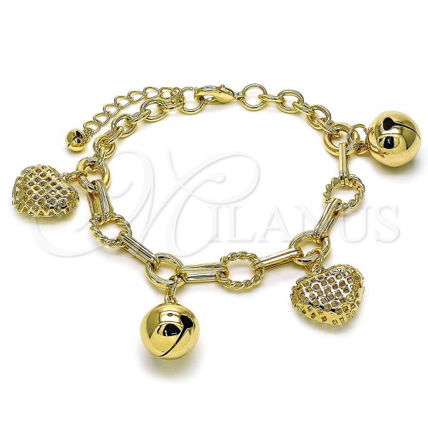 Oro Laminado Charm Bracelet, Gold Filled Style Heart and Twist Design, Polished, Golden Finish, 03.331.0313.08