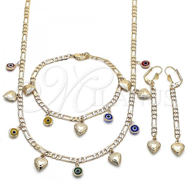 Oro Laminado Necklace, Bracelet and Earring, Gold Filled Style Heart and Evil Eye Design, Multicolor Resin Finish, Golden Finish, 06.213.0011