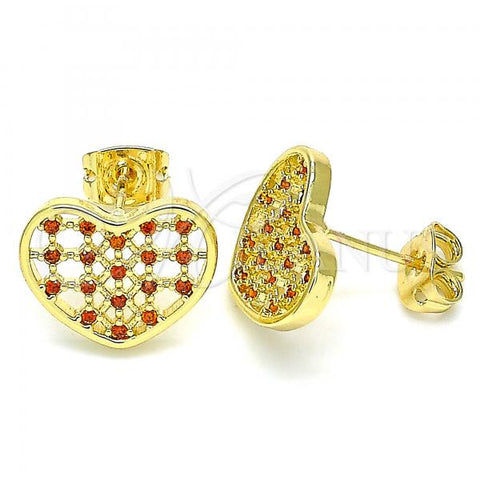 Oro Laminado Stud Earring, Gold Filled Style Heart Design, with Garnet Micro Pave, Polished, Golden Finish, 02.156.0476.2