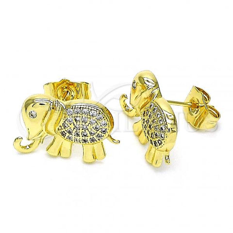 Oro Laminado Stud Earring, Gold Filled Style Elephant Design, with White Micro Pave, Polished, Golden Finish, 02.284.0046.1