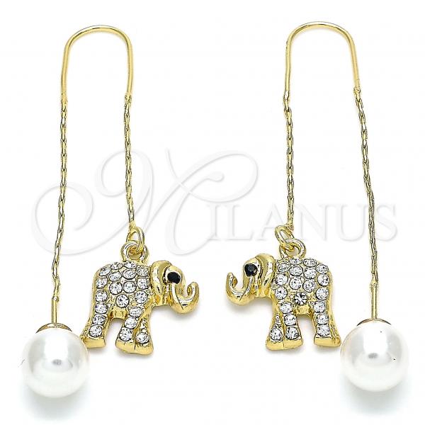 Oro Laminado Threader Earring, Gold Filled Style Elephant Design, with White and Black Crystal, Polished, Golden Finish, 02.380.0032