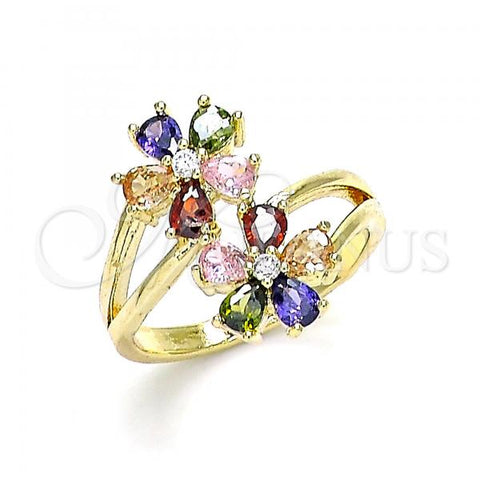 Oro Laminado Multi Stone Ring, Gold Filled Style Flower Design, with Multicolor Cubic Zirconia, Polished, Golden Finish, 01.210.0146.08