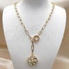 Oro Laminado Fancy Necklace, Gold Filled Style Flower and Heart Design, with White Cubic Zirconia, Polished, Golden Finish, 04.63.1440.20