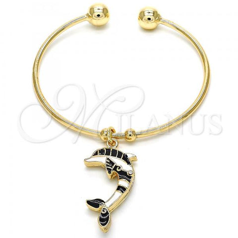Oro Laminado Individual Bangle, Gold Filled Style Dolphin Design, with White Crystal, Black Enamel Finish, Golden Finish, 07.63.0205.2 (02 MM Thickness, One size fits all)