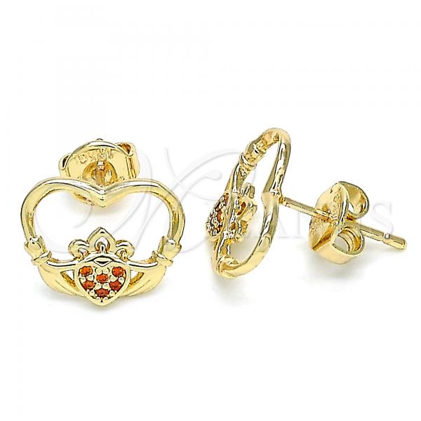 Oro Laminado Stud Earring, Gold Filled Style Heart Design, with Garnet Micro Pave, Polished, Golden Finish, 02.156.0442.2