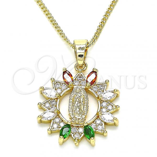 Oro Laminado Pendant Necklace, Gold Filled Style Guadalupe Design, with Multicolor Cubic Zirconia and White Micro Pave, Polished, Golden Finish, 04.210.0044.1.20