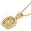 Oro Laminado Religious Pendant, Gold Filled Style Guadalupe Design, with White Cubic Zirconia, Polished, Golden Finish, 05.120.0016