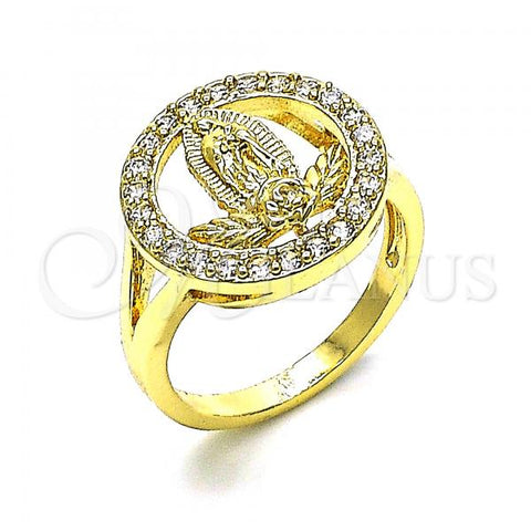 Oro Laminado Multi Stone Ring, Gold Filled Style Guadalupe and Flower Design, with White Cubic Zirconia, Polished, Golden Finish, 01.380.0026.09