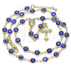 Oro Laminado Medium Rosary, Gold Filled Style Guadalupe and Evil Eye Design, Blue Resin Finish, Golden Finish, 09.63.0107.3.18