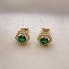Oro Laminado Stud Earring, Gold Filled Style with Green Cubic Zirconia and White Micro Pave, Polished, Golden Finish, 02.342.0204