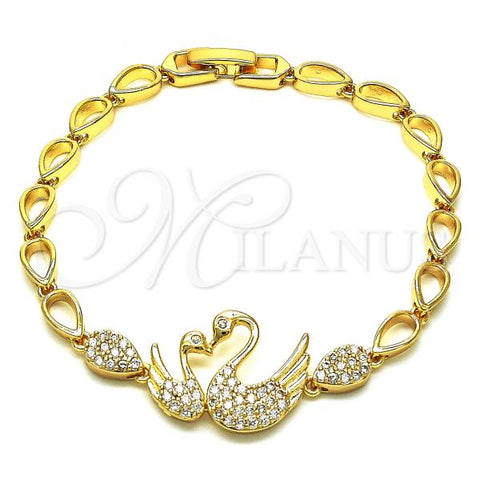 Oro Laminado Fancy Bracelet, Gold Filled Style Swan and Teardrop Design, with White Micro Pave, Polished, Golden Finish, 03.283.0147.07