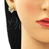 Oro Laminado Stud Earring, Gold Filled Style Mom and Heart Design, with White Micro Pave, Polished, Golden Finish, 02.342.0134