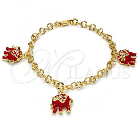 Oro Laminado Charm Bracelet, Gold Filled Style Elephant Design, with White Crystal, Red Enamel Finish, Golden Finish, 03.63.1797.5.07