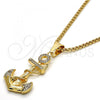 Oro Laminado Pendant Necklace, Gold Filled Style Anchor Design, with White Crystal, Polished, Golden Finish, 04.242.0058.30