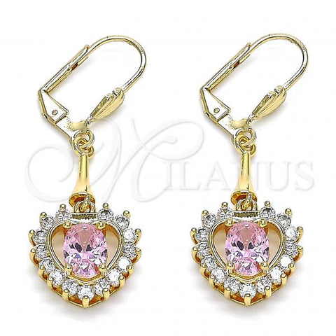 Oro Laminado Long Earring, Gold Filled Style Heart Design, with Pink and White Cubic Zirconia, Polished, Golden Finish, 02.387.0060