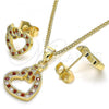 Oro Laminado Earring and Pendant Adult Set, Gold Filled Style Heart Design, with Garnet and White Micro Pave, Polished, Golden Finish, 10.156.0281.1