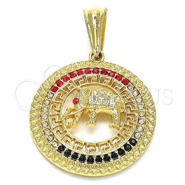 Oro Laminado Fancy Pendant, Gold Filled Style Elephant and Greek Key Design, with Multicolor Crystal, Polished, Golden Finish, 05.351.0004