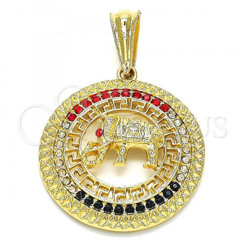 Oro Laminado Fancy Pendant, Gold Filled Style Elephant and Greek Key Design, with Multicolor Crystal, Polished, Golden Finish, 05.351.0004