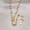 Oro Laminado Thin Rosary, Gold Filled Style Jesus and Crucifix Design, Diamond Cutting Finish, Tricolor, 09.253.0048.20