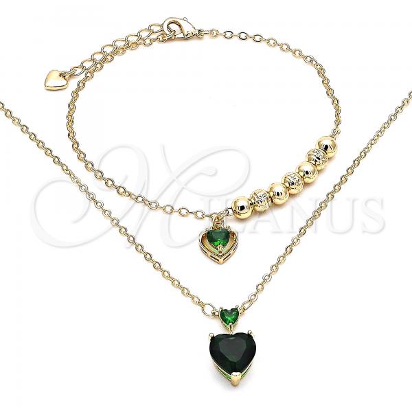 Oro Laminado Necklace and Bracelet, Gold Filled Style Heart and Rolo Design, with Green Cubic Zirconia, Polished, Golden Finish, 06.213.0018
