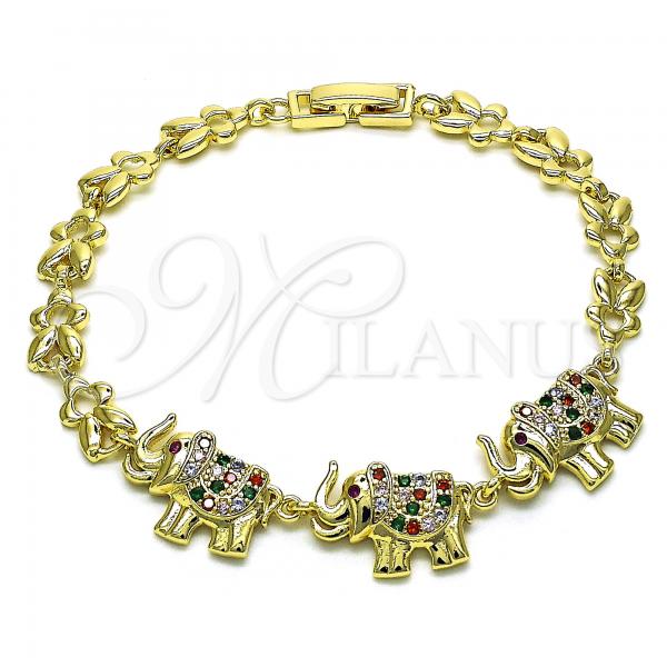 Oro Laminado Fancy Bracelet, Gold Filled Style Elephant and Leaf Design, with Multicolor Micro Pave, Polished, Golden Finish, 03.284.0022.08