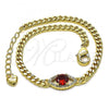 Oro Laminado Fancy Bracelet, Gold Filled Style Evil Eye Design, with Garnet Cubic Zirconia and White Micro Pave, Polished, Golden Finish, 03.213.0143.1.07