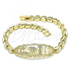 Oro Laminado Fancy Bracelet, Gold Filled Style Elephant and Owl Design, Diamond Cutting Finish, Golden Finish, 03.100.0070.07
