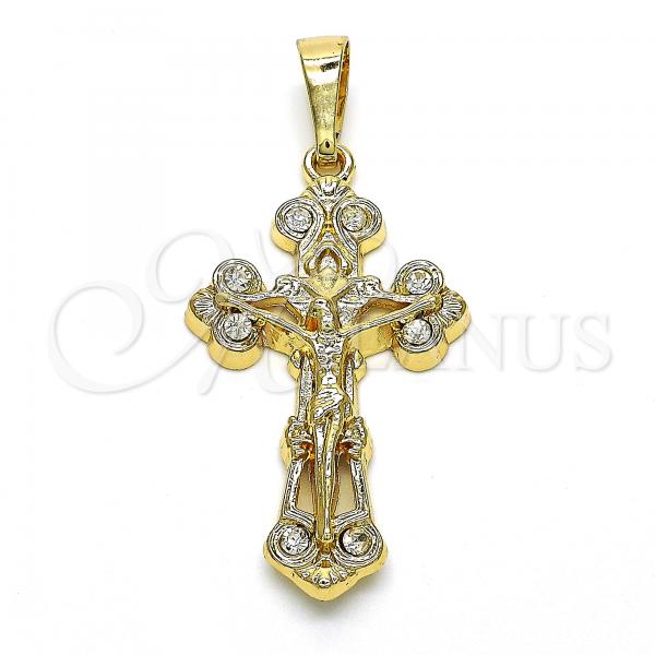 Oro Laminado Religious Pendant, Gold Filled Style Crucifix Design, with White Crystal, Polished, Golden Finish, 05.351.0026