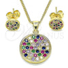 Oro Laminado Earring and Pendant Adult Set, Gold Filled Style with Multicolor Micro Pave, Polished, Golden Finish, 10.156.0341.1