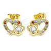 Oro Laminado Stud Earring, Gold Filled Style Heart Design, with Multicolor Cubic Zirconia, Polished, Golden Finish, 02.210.0443.2