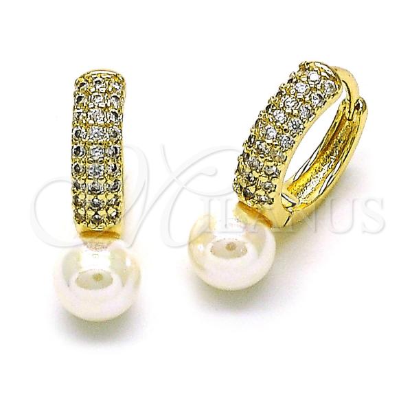 Oro Laminado Huggie Hoop, Gold Filled Style Ball Design, with Ivory Pearl and White Micro Pave, Polished, Golden Finish, 02.213.0643.15