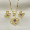 Oro Laminado Earring and Pendant Adult Set, Gold Filled Style Flower Design, with Amethyst Crystal, Polished, Golden Finish, 10.160.0098.1