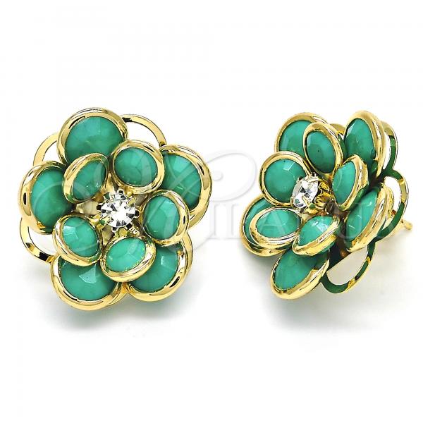 Oro Laminado Stud Earring, Gold Filled Style Flower Design, with Turquoise and White Crystal, Polished, Golden Finish, 02.64.0641