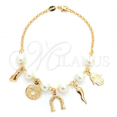 Oro Laminado Charm Bracelet, Gold Filled Style Hand and Lock Design, with Ivory Pearl, White Polished, Golden Finish, 03.32.0201.07