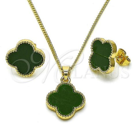 Oro Laminado Earring and Pendant Adult Set, Gold Filled Style Four-leaf Clover Design, with Green Mother of Pearl, Polished, Golden Finish, 10.283.0021.3