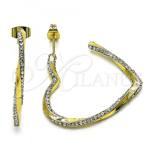 Oro Laminado Stud Earring, Gold Filled Style Heart and Twist Design, with White Crystal, Polished, Golden Finish, 02.379.0052.1