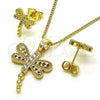 Oro Laminado Earring and Pendant Adult Set, Gold Filled Style Dragon-Fly Design, with White Cubic Zirconia, Polished, Golden Finish, 10.210.0165