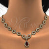 Oro Laminado Necklace and Earring, Gold Filled Style Teardrop and Flower Design, with Garnet and White Cubic Zirconia, Polished, Golden Finish, 06.205.0024.1