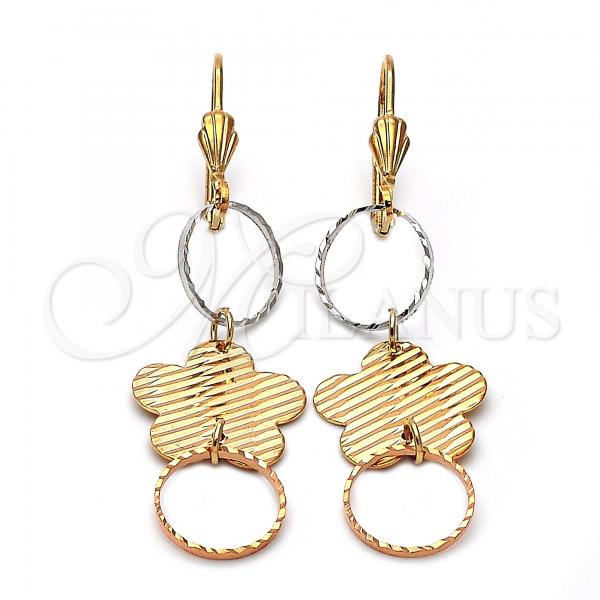 Oro Laminado Long Earring, Gold Filled Style Flower Design, Diamond Cutting Finish, Tricolor, 5.076.014