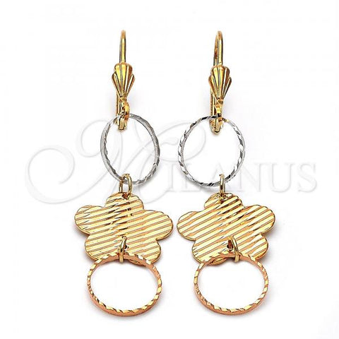Oro Laminado Long Earring, Gold Filled Style Flower Design, Diamond Cutting Finish, Tricolor, 5.076.014