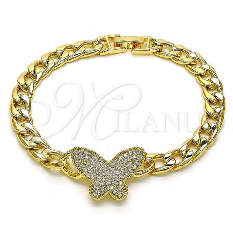 Oro Laminado Fancy Bracelet, Gold Filled Style Butterfly and Curb Design, with White Micro Pave, Polished, Golden Finish, 03.283.0268.07