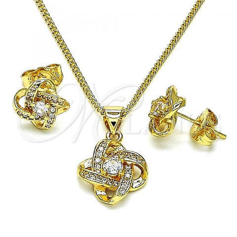 Oro Laminado Earring and Pendant Adult Set, Gold Filled Style Love Knot Design, with White Micro Pave and White Cubic Zirconia, Polished, Golden Finish, 10.156.0448