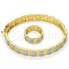 Oro Laminado Set Bangle, Gold Filled Style Greek Key and Flower Design, Diamond Cutting Finish, Two Tone, 13.99.0003.05.07 (09 MM Thickness, Size 7)